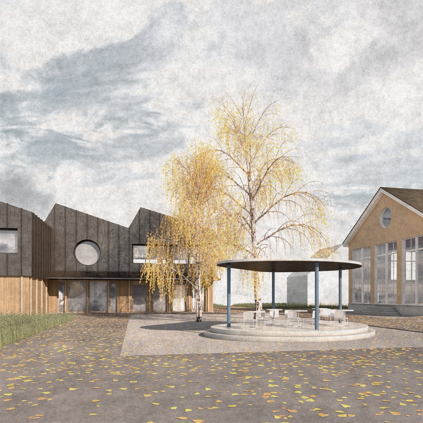 Pausenplatz mit Pavillon.