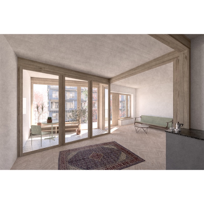 Wohnung in Richtung Wintergarten, Eingang und Laubengang.