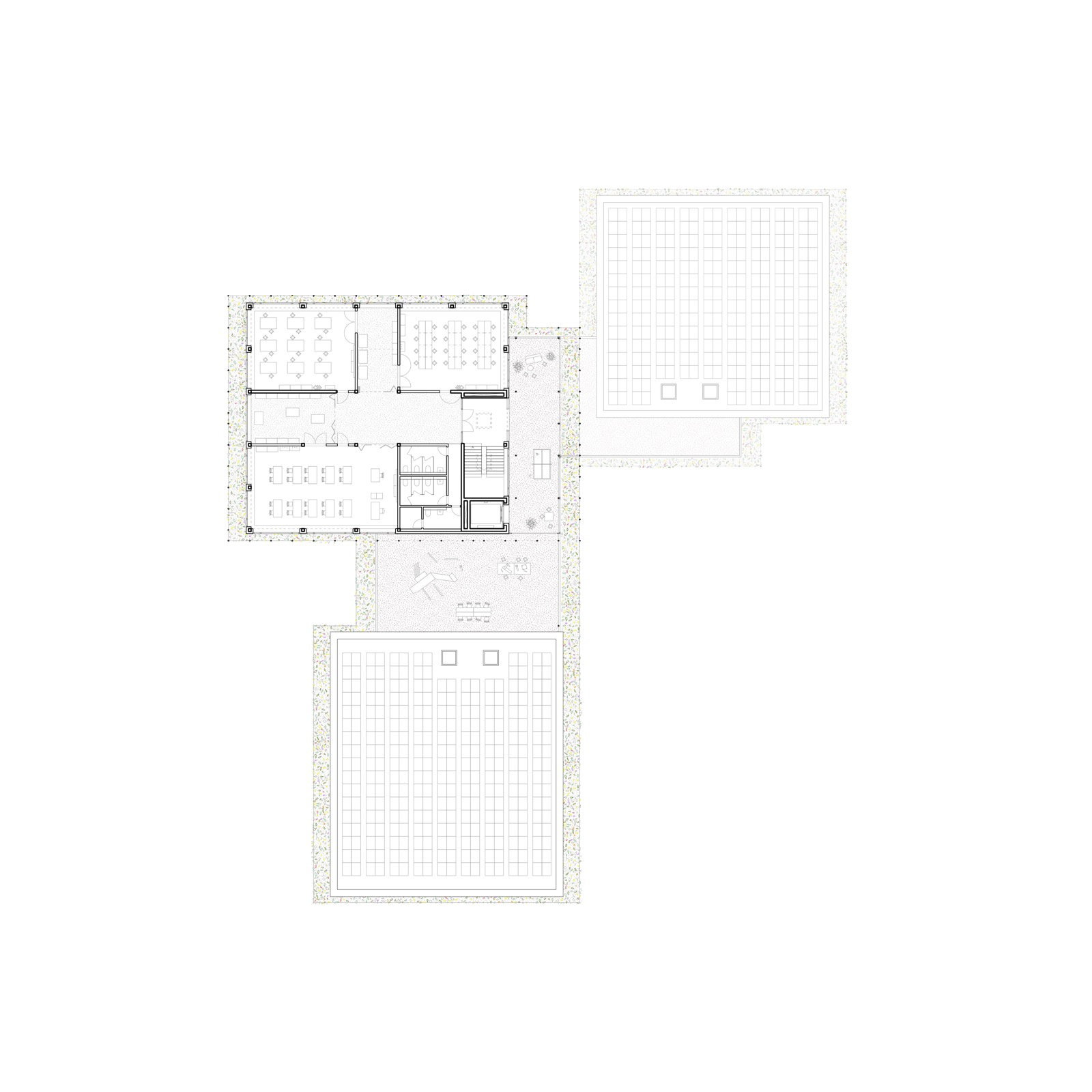 Grundriss 4. Obergeschoss, Werkstätten und Dachterrasse.