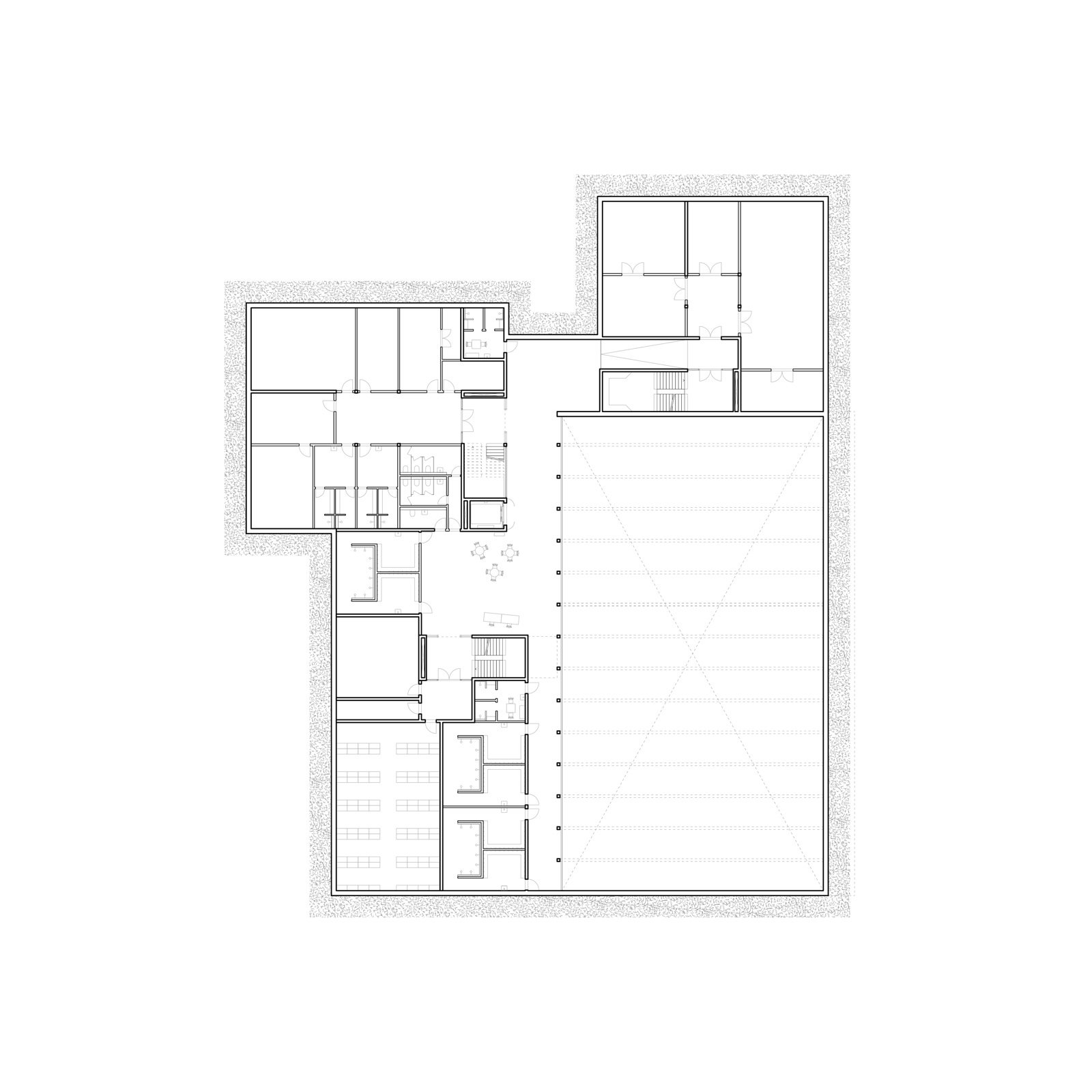 Grundriss 1. Untergeschoss, Garderoben, Zuschauerbereich und Technik.