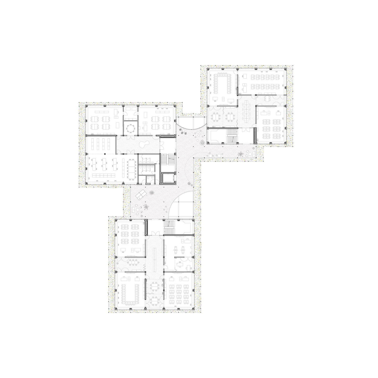 Grundriss 1. Obergeschoss, Zwei Cluster, Teamzimmer.